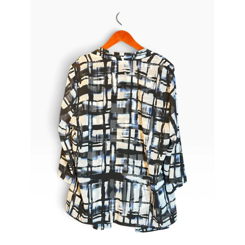 JM Collection Womens XL Blue Black Abstract Grid 2pc Tank & Sheer Cardigan Set
